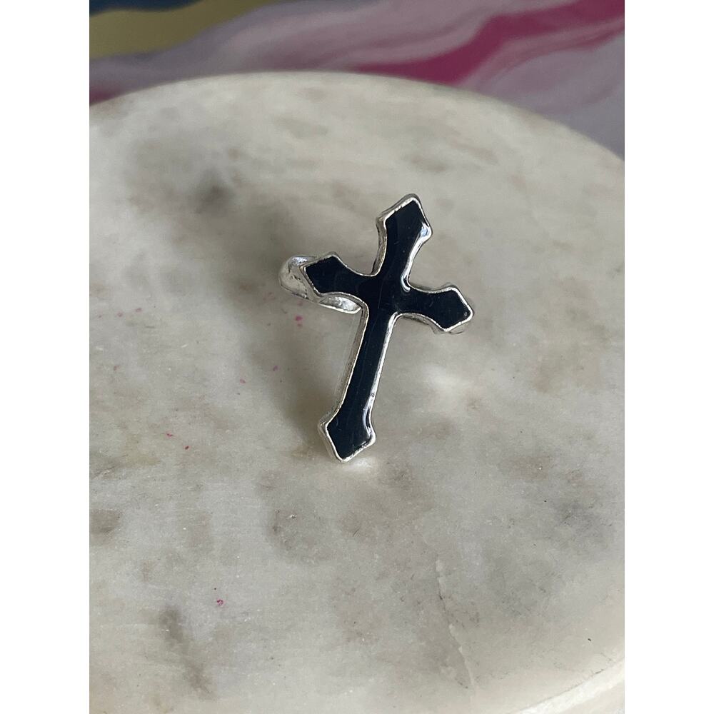 Silver cross Ring with Black Enamel Accent - Women's Fashion Ring adjustable